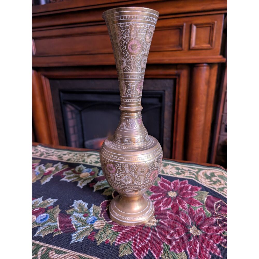 Vintage engraved floral bud vase - solid brass